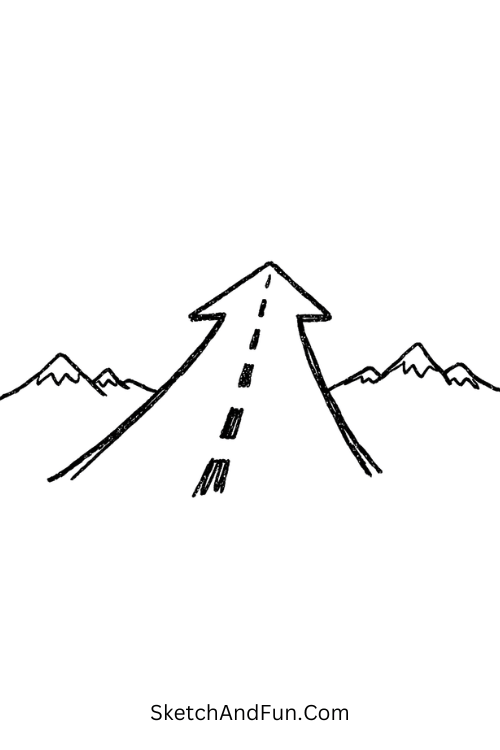 Arrow road with tiny mountains, August sketchbook ideas