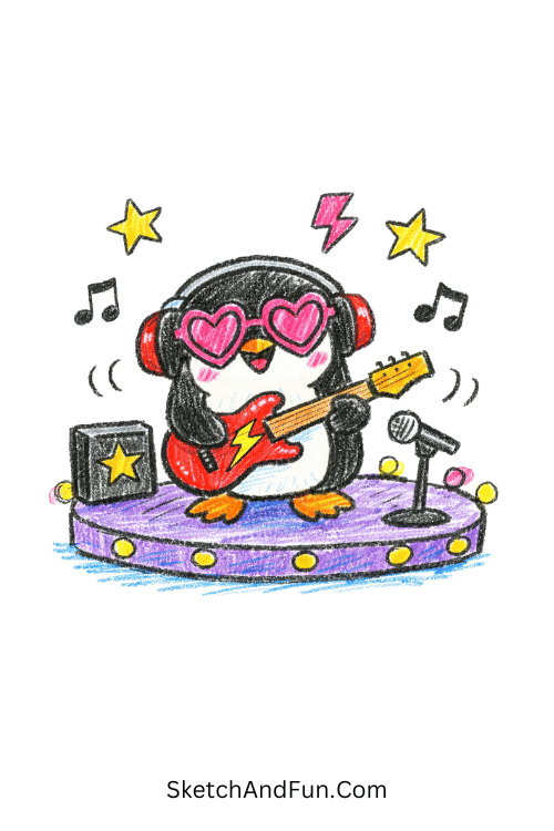 A penguin holding guitar with cool stage performance vibe, funky line art