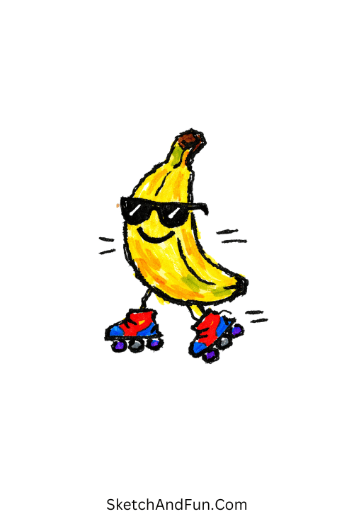 Banana wearing roller skates and sunglasses in a funny cartoon pose, What to draw with acrylic markers for fun practice