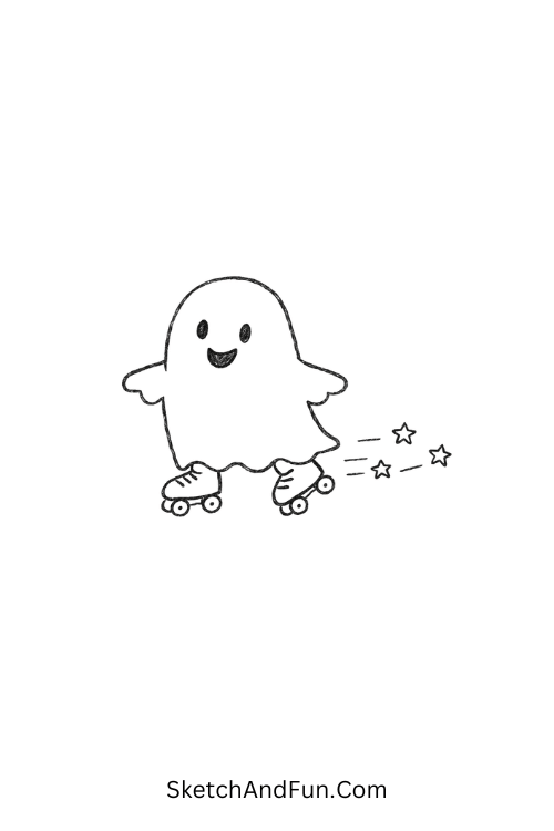Roller-skating ghost with star trails and happy vibe, cool funky doodle art designs
