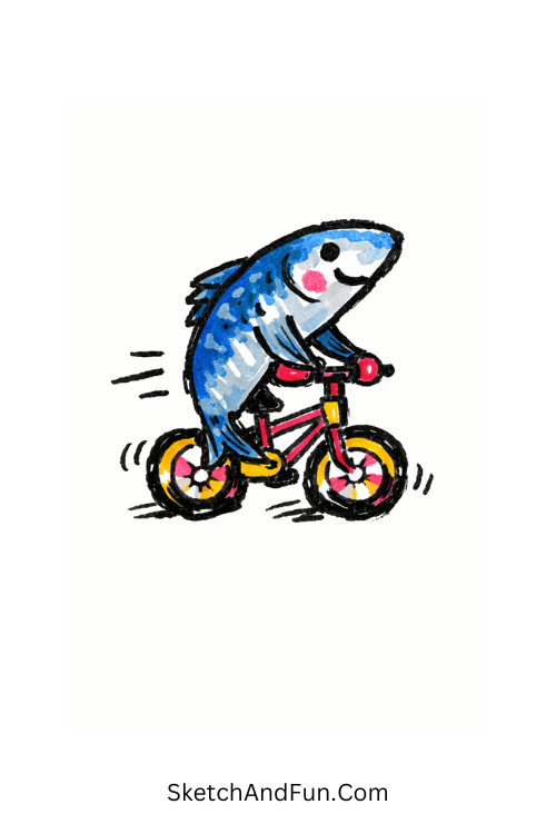 Sardine riding tiny bicycle with big wheels, cool things to draw with posca pens easy