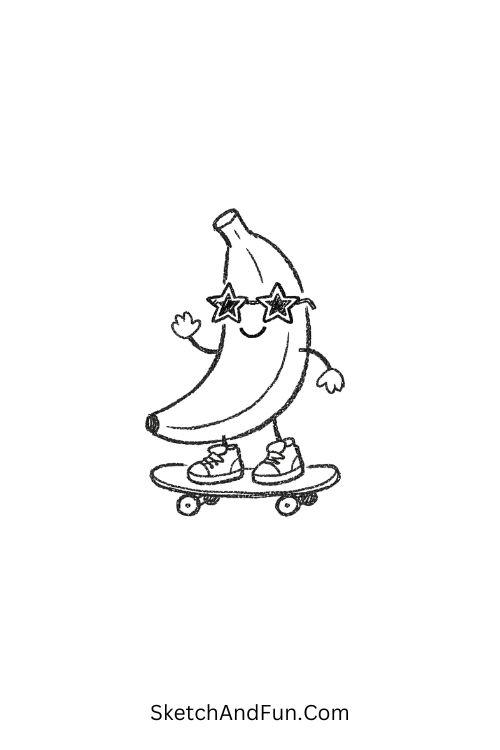 Skateboard banana riding with sneakers and star shades, funky drawing ideas easy