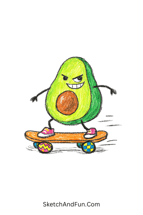 An avocado riding a skateboard with a happy bold expression, funky drawing ideas