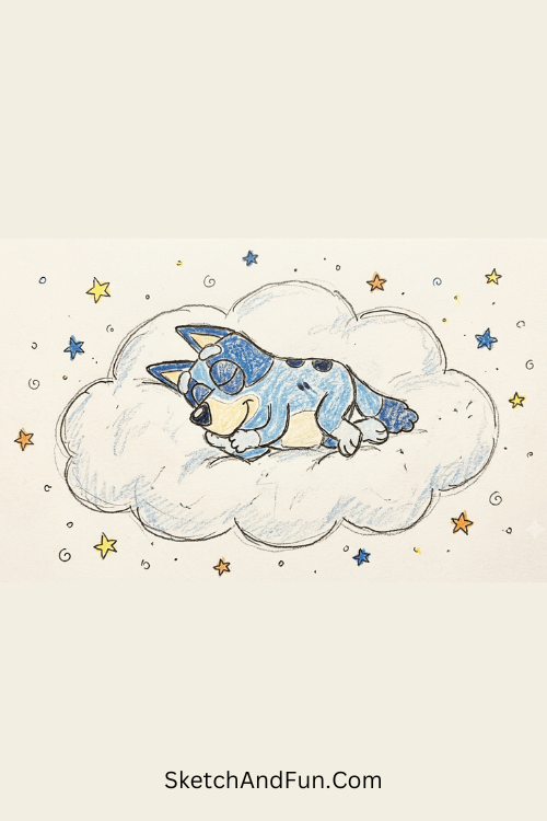 Sleeping Bluey on a fluffy cloud with tiny stars around, Bluey doodle art