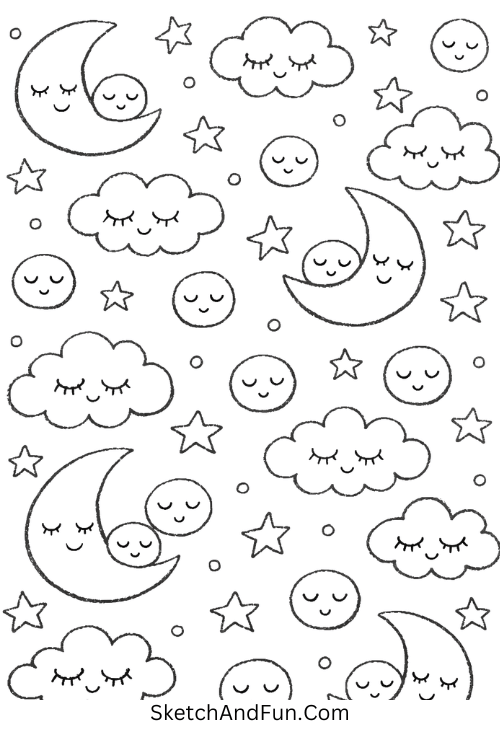 Crescent moons, stars, clouds, and sleepy faces in a soft dreamy night sky pattern, aesthetic doodle page ideas easy