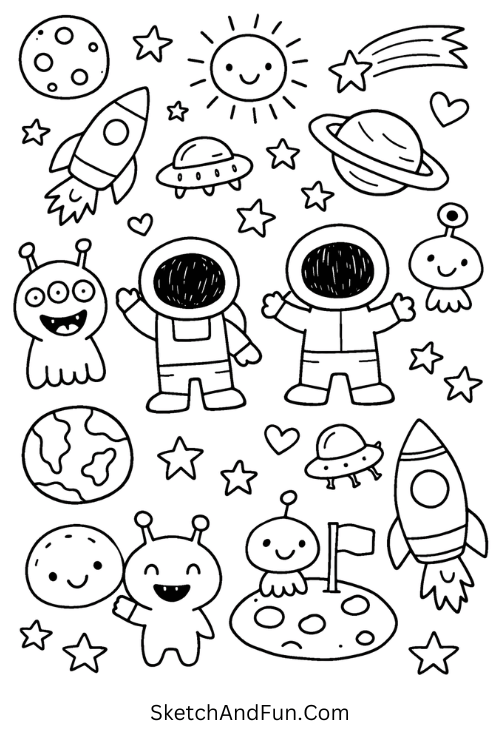 Cute planets, rockets, astronauts, stars, and aliens in a soft space themed layout, full page sketch doodle ideas cute