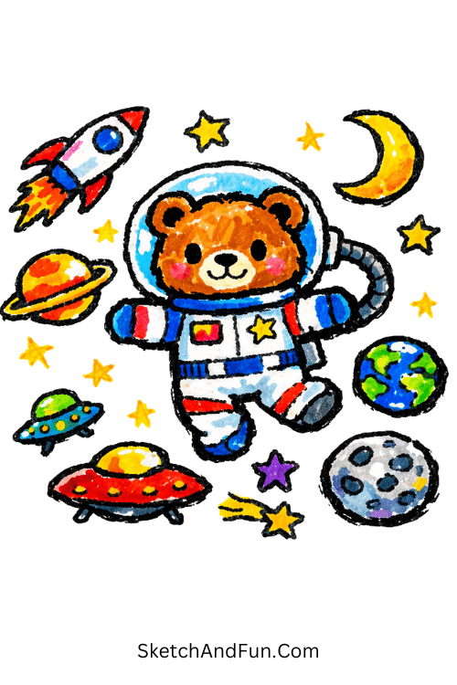 Space bear astronaut floating among stars and planets, acrylic marker coloring style drawings