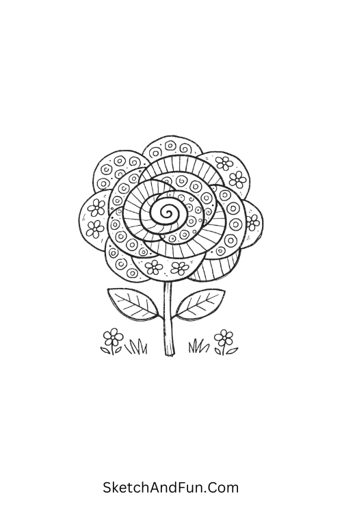 Spiral petal flower with soft swirls and line textures, Zentangle flower sketch ideas