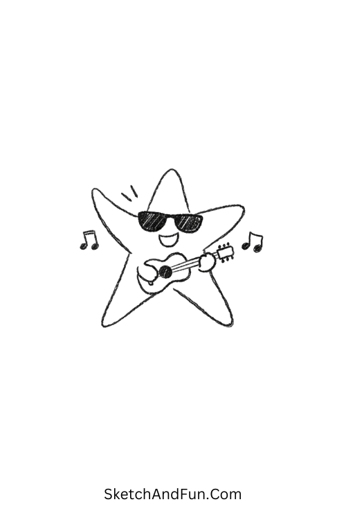 Starfish rockstar with guitar and sunglasses attitude, simple funky drawing for kids