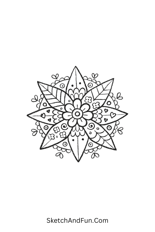 Star-shaped mandala flower with balanced repeating details, Zentangle flower coloring pages printable
