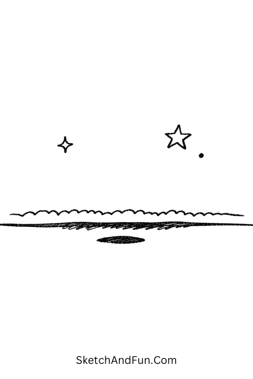 Evening sky with three bright stars, August aesthetic doodles