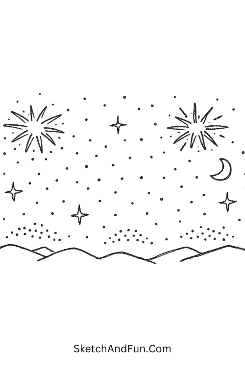Dot style night sky with spark stars, July doodle art