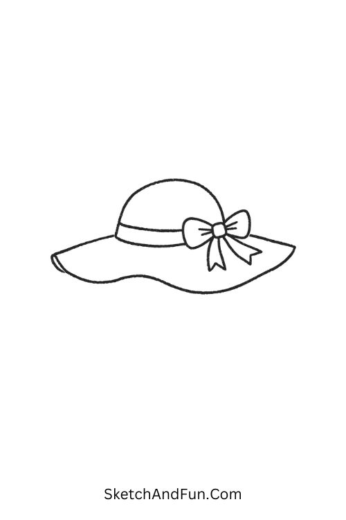 Wide summer hat outline with ribbon, Simple July drawing ideas