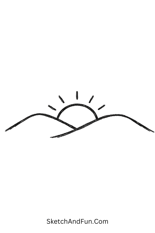 Half sun behind curved mountains, August pencil drawing