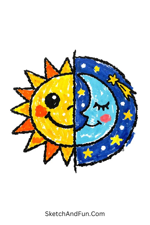 Sun and moon split design with warm and cool tones, Posca art ideas