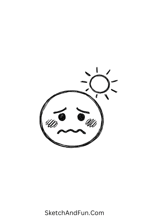 Cute hot face emoji under sun icon, July drawing for kids