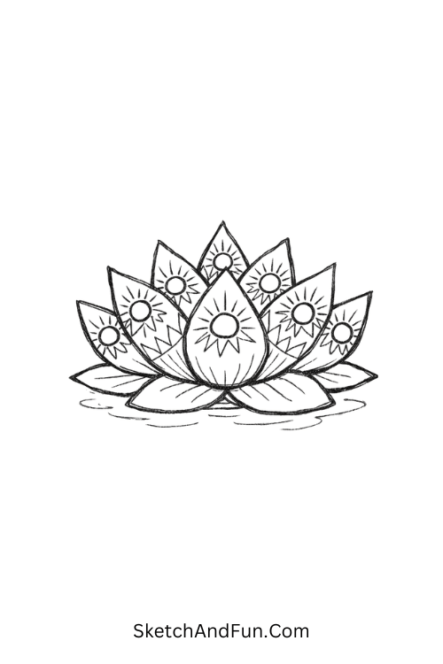 Bright lotus with geometric petals and radiant structure, Zentangle lotus flower drawing easy