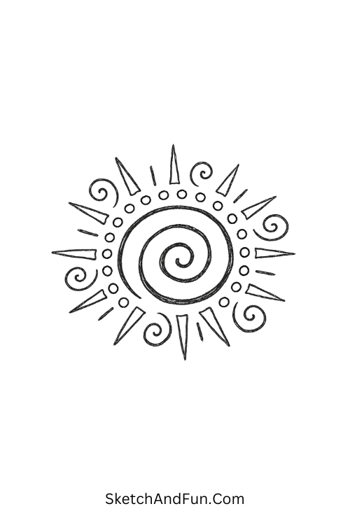 Swirling sun with curls and circular textures, Zentangle art patterns