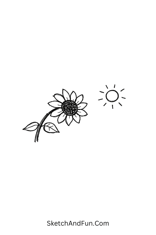 Leaning sunflower with large petals, August sunflower drawing