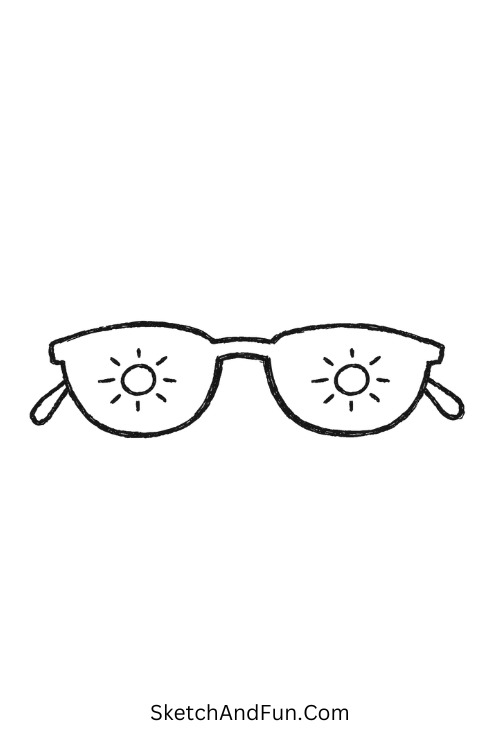 Sunglasses with reflected summer sun, August cover page drawing