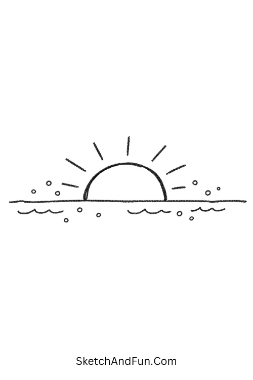 Sunrise over calm sea horizon line, July sketch ideas