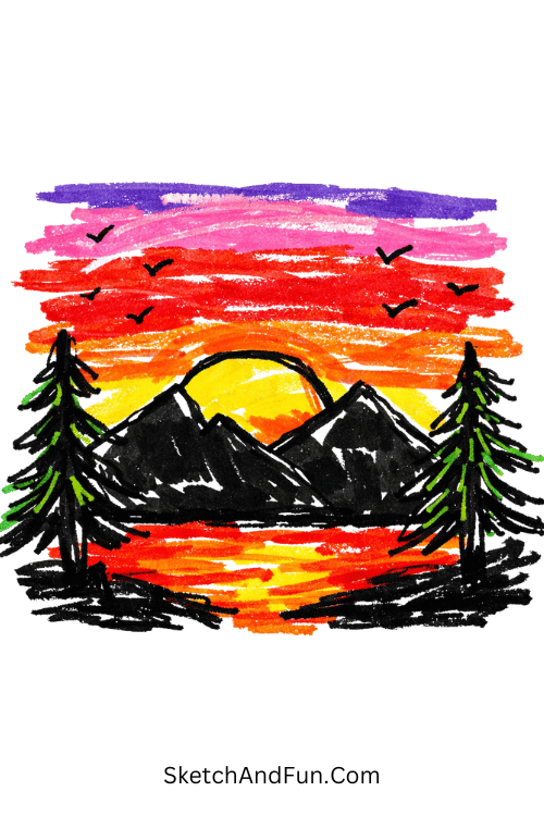 Calm sunset sky over dark mountains and soft shadows, acrylic marker landscape drawing