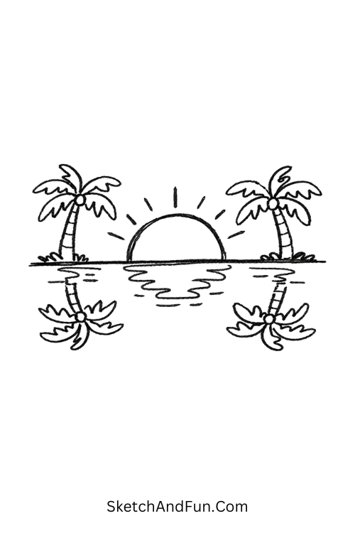 Sunset reflected on water with palm, Hello July drawing