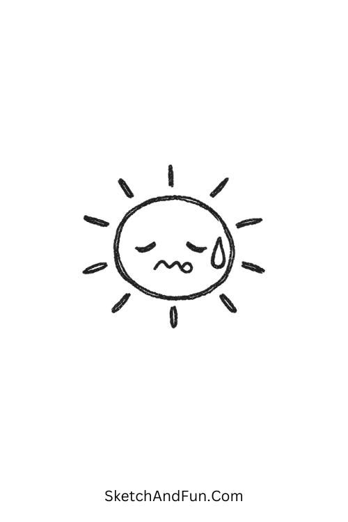 Smiling sun face with sweat drop, August doodles