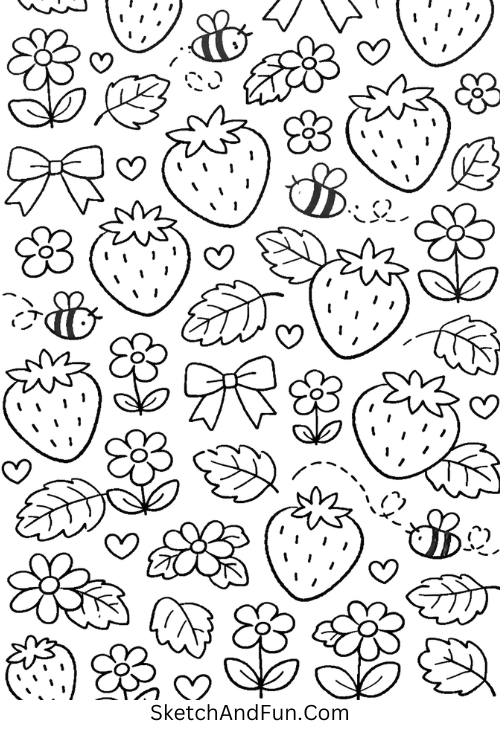 Strawberries, flowers, leaves, bows, and bees in a fresh repeating berry pattern, easy doodle patterns for full page drawing