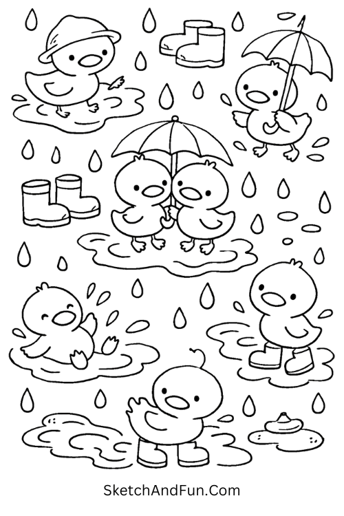 Baby ducks, puddles, umbrellas, rain boots, and water drops in a rainy cute scene, simple doodle patterns for beginners printable