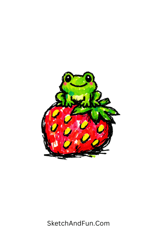 Cute frog sitting on a big strawberry with soft rounded shapes, Acrylic marker art ideas for kids and teens