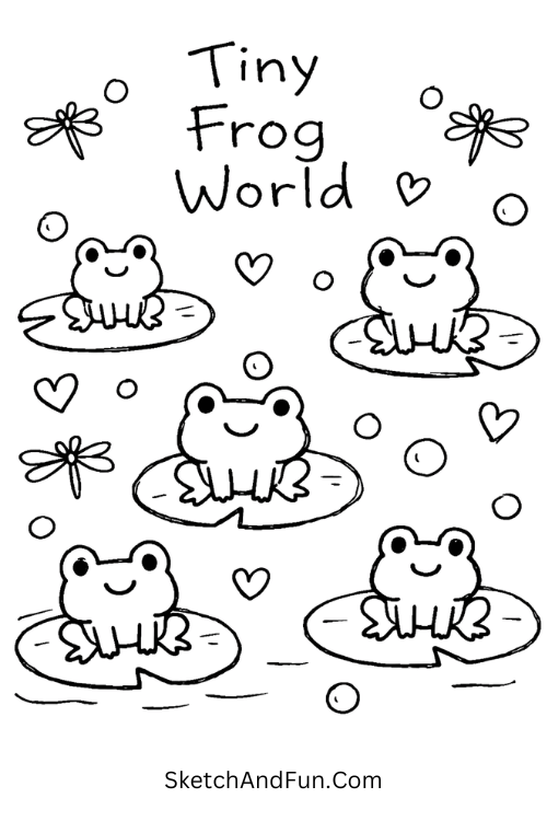 Cute frogs on lily pads with bubbles, hearts, and dragonflies in a playful water scene, cute full page doodle art designs