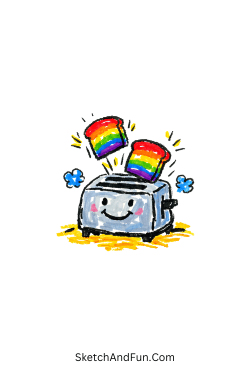 Toaster shooting rainbow toast in bold colors, fun things to draw with posca pens easy doodles