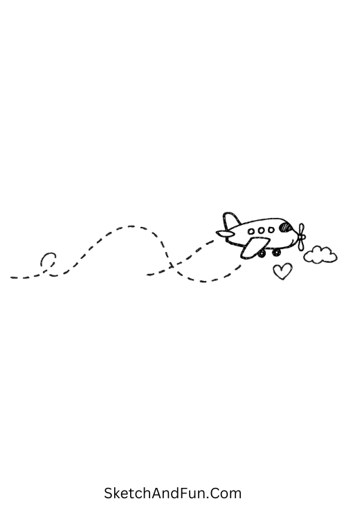 Airplane with dotted travel path trail, July hand drawn doodles