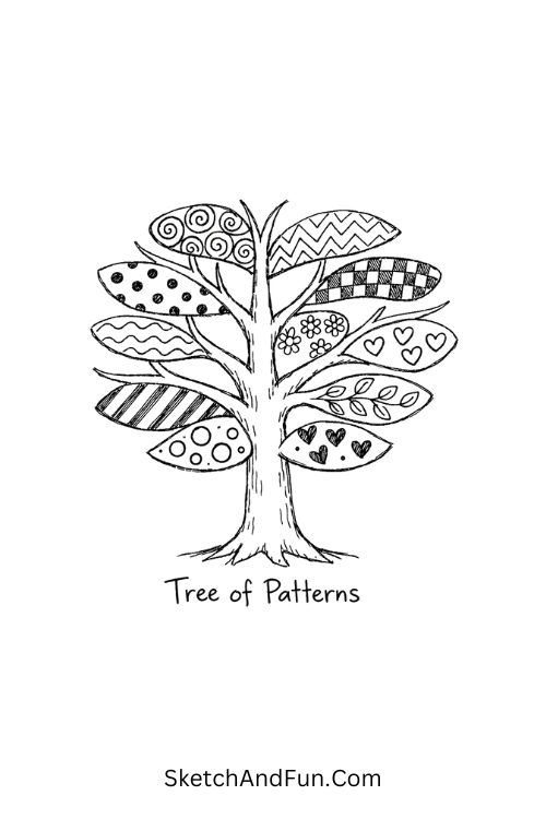 Tree silhouette with unique textured branches, Zentangle designs step by step