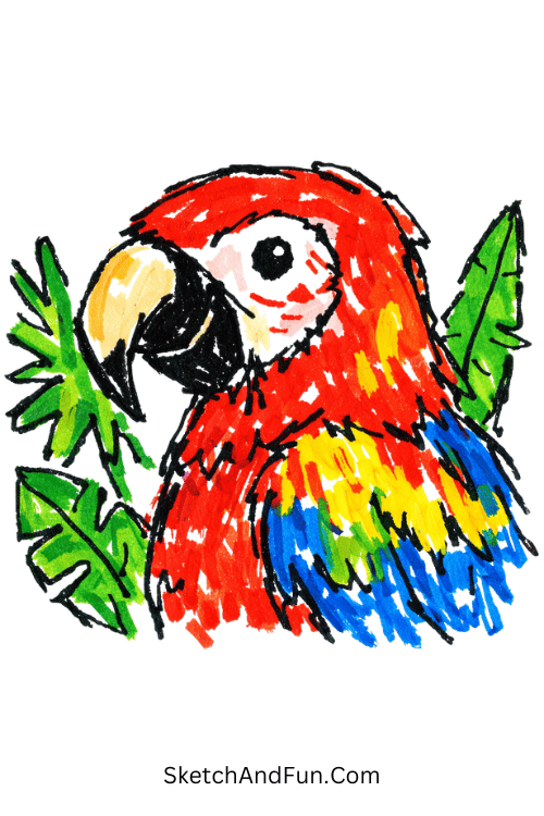Bright tropical parrot with jungle leaves and bold feathers, acrylic marker animal drawing
