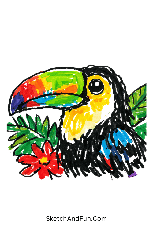 Colorful toucan with rainbow beak in a bright jungle setting, cute marker drawing ideas easy
