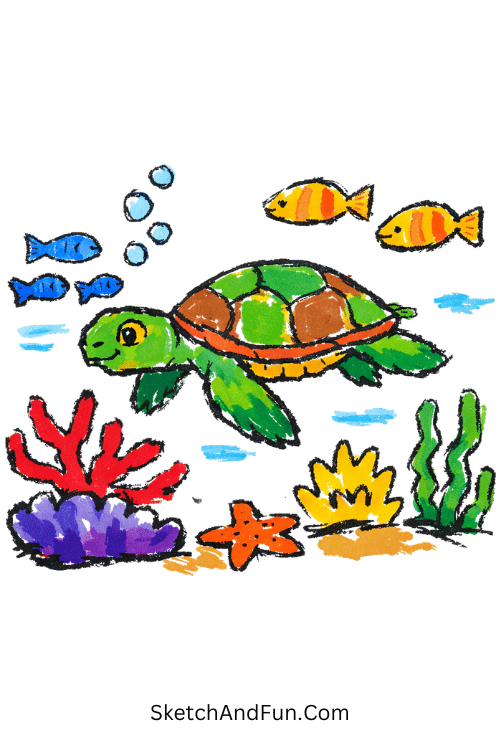 Underwater turtle with coral reefs and flowing ocean bubbles, acrylic marker drawing step by step