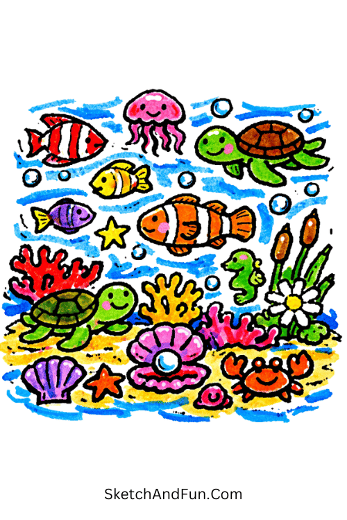 Ocean scene with fish, coral, and bubbles underwater, Posca marker art ideas