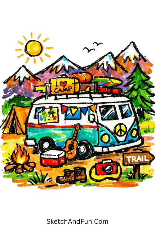 Retro camper van near mountains with travel details and warm tones, marker drawing ideas for creative sketching