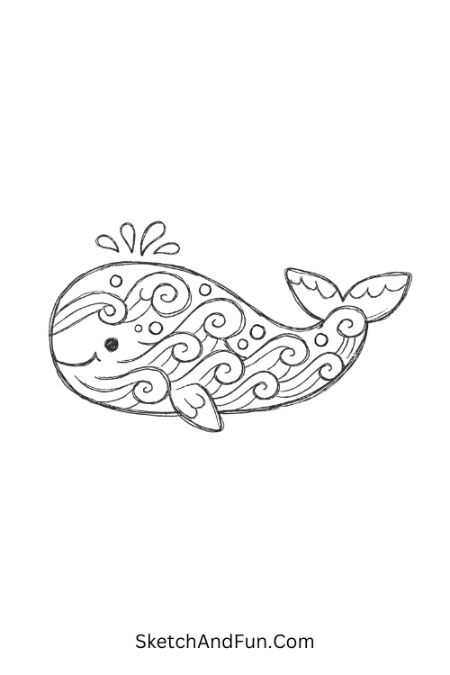 Whale filled with bubbles, swirls, and waves, Zentangle coloring pages