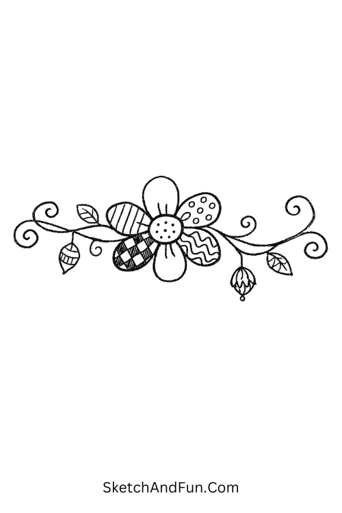 Vine-connected floral design with curling soft branches, Free zentangle flower templates