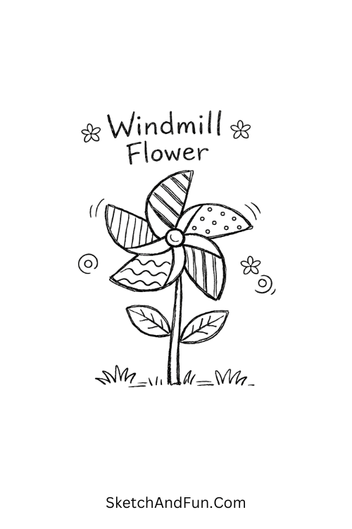 Spinning windmill flower with striped rotating petals, Zentangle flower doodles easy