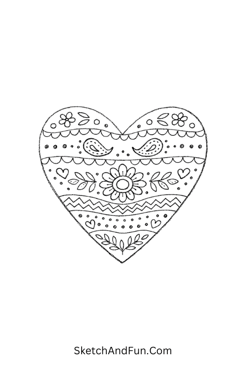Heart filled with dots, lines, and soft textures, Cute Zentangle doodles