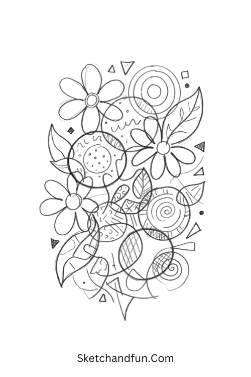 Abstract flower collision Zentangle art drawing with overlapping flowers, leaves, curves, and detailed patterns