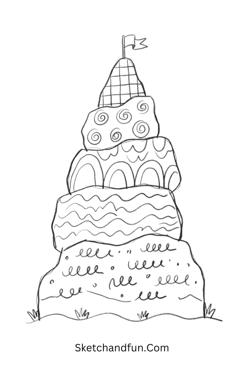 Abstract mountain of patterns Zentangle art drawing with stacked shapes, waves, spirals, arches, and textures
