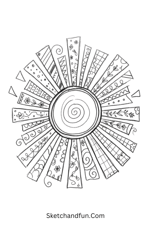 Abstract sunburst tangle Zentangle art drawing with a bold center, uneven rays, loops, waves, and patterns