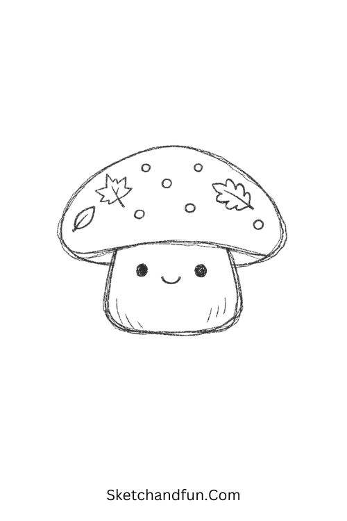 Autumn mushroom drawing decorated with tiny fall leaves