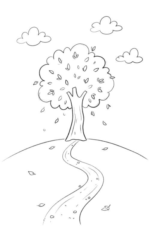 Autumn Tree Hill Drawing
