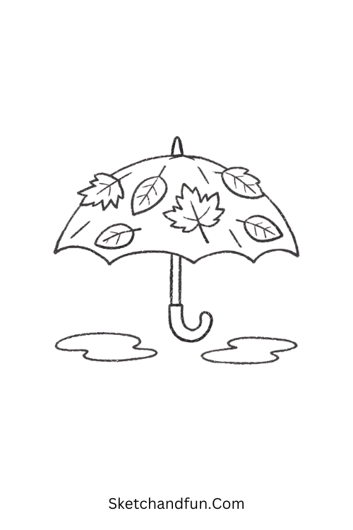Autumn umbrella drawing with falling leaves and raindrops